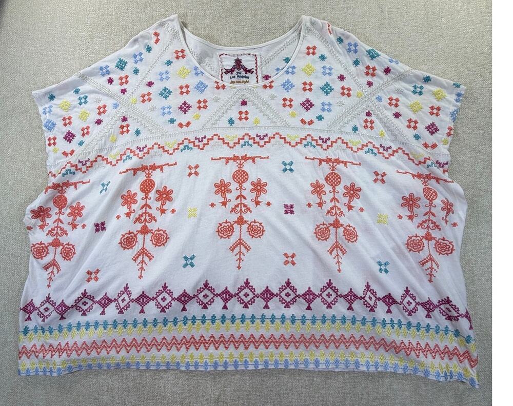 JW Los Angeles Womens White Medium Embroidered Floral Southwest Cropped Top Boho